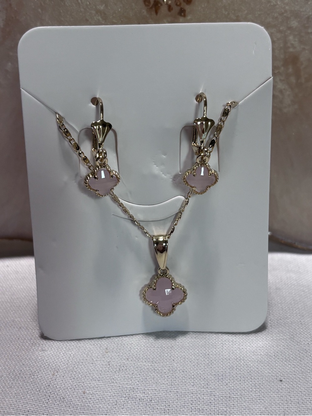 Gold Tone Pink Clover Pendant Necklace and Earrings Set